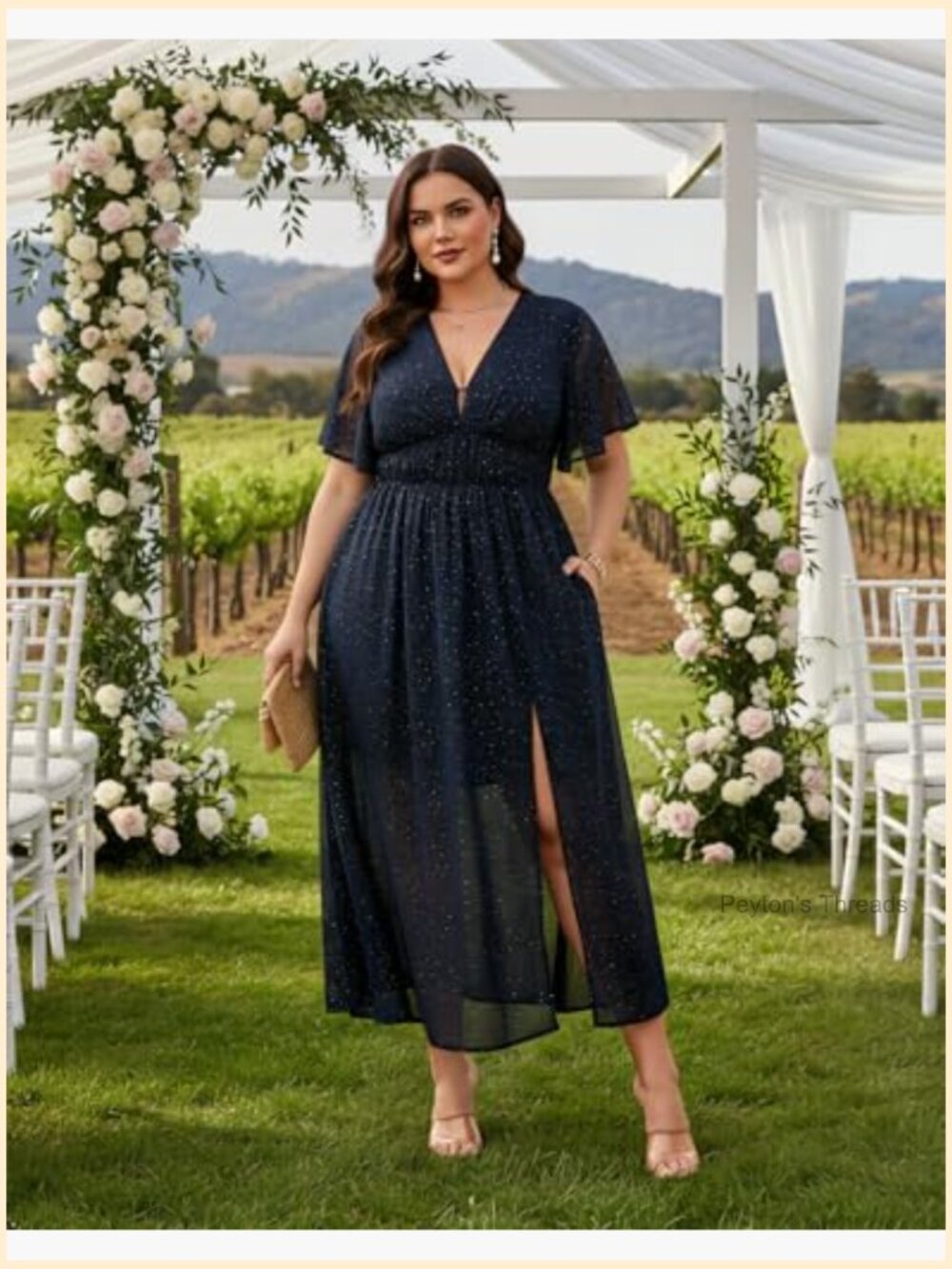 Deep V-Neck A-Line Maxi Dress with Pockets Flutter Sleeve - Picture 2 of 7